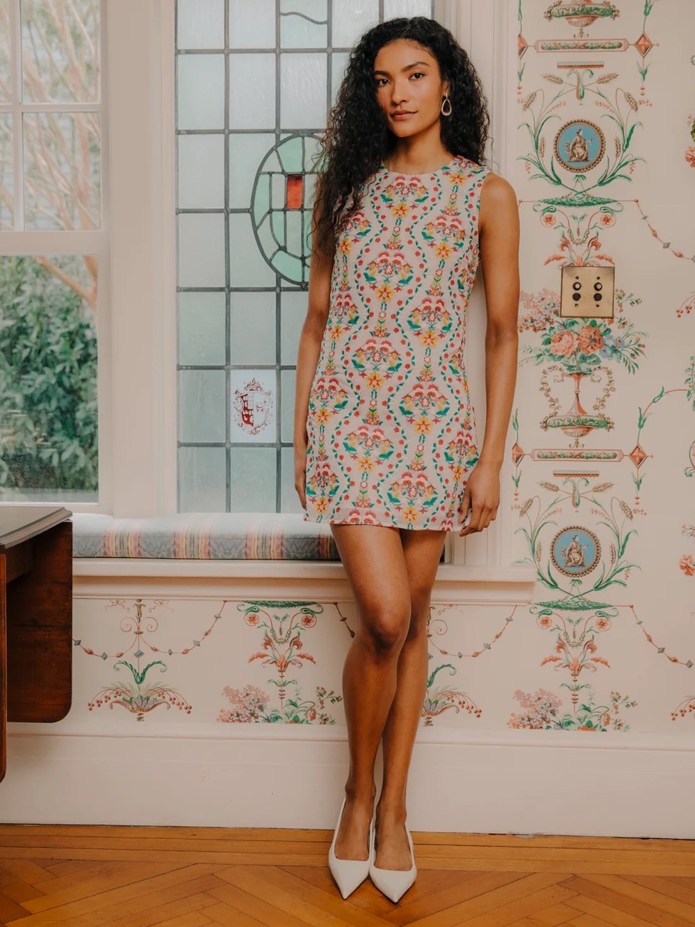 Sleeveless Cream Mini Dress with Multicolor Floral Motif